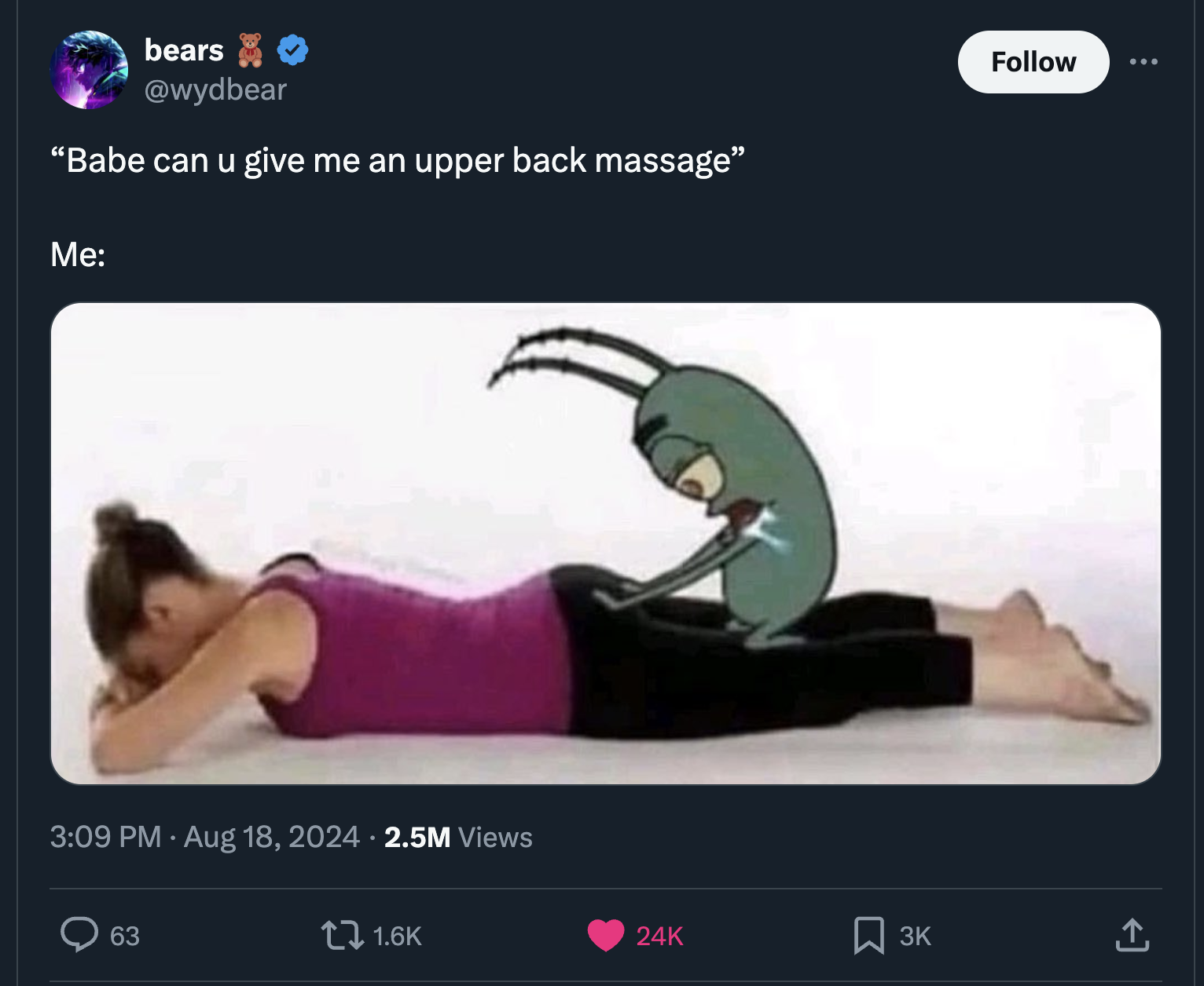 baby can you massage my upper back meme - bears "Babe can u give me an upper back massage" Me 2.5M Views 63 24K 3K